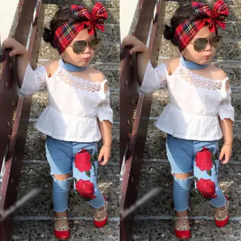 

Floral Toddler Kids Baby Girls Fashion Clothes Outfits Lace Tops +Hole Denim Pants Set