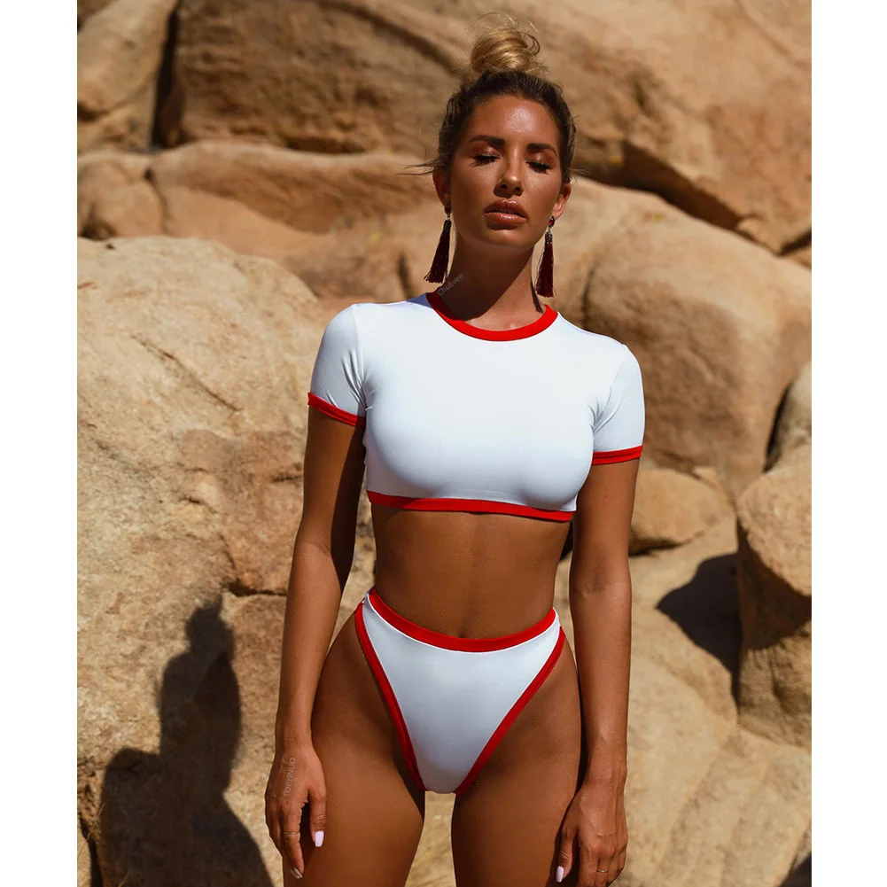 

Crop Top girls women sport swimming costume two piece swimsuit stripe short sleeve swimwear high waist bikini set