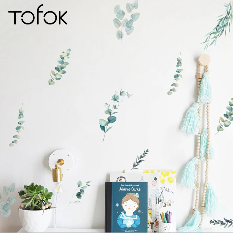 Tofok 12 шт./компл. Наклейка на стену сделай сам с зелеными растениями акварель в