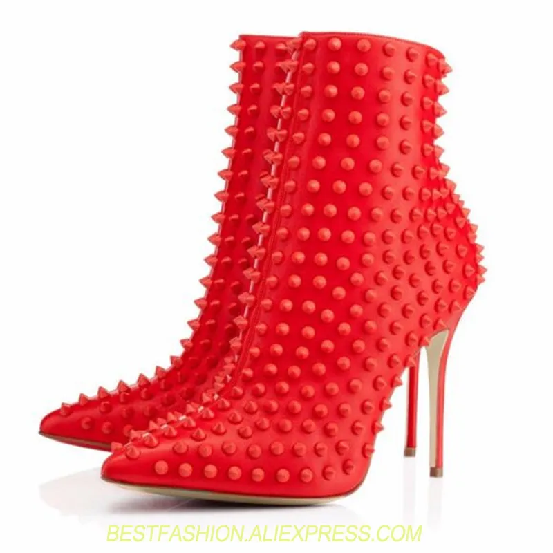 

Extreme High Heel Short Booties Red Ankle Boots for Women Pointed Toe Thin Heels Rivets Studded Ladies Shoes Plus Size 45