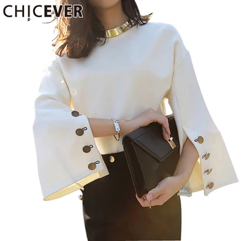 

[CHICEVER] 2020 Autumn Flare Sleeve Split O-neck Lady Female Tops Women Casual Tops Clothes New Fashion Korean New