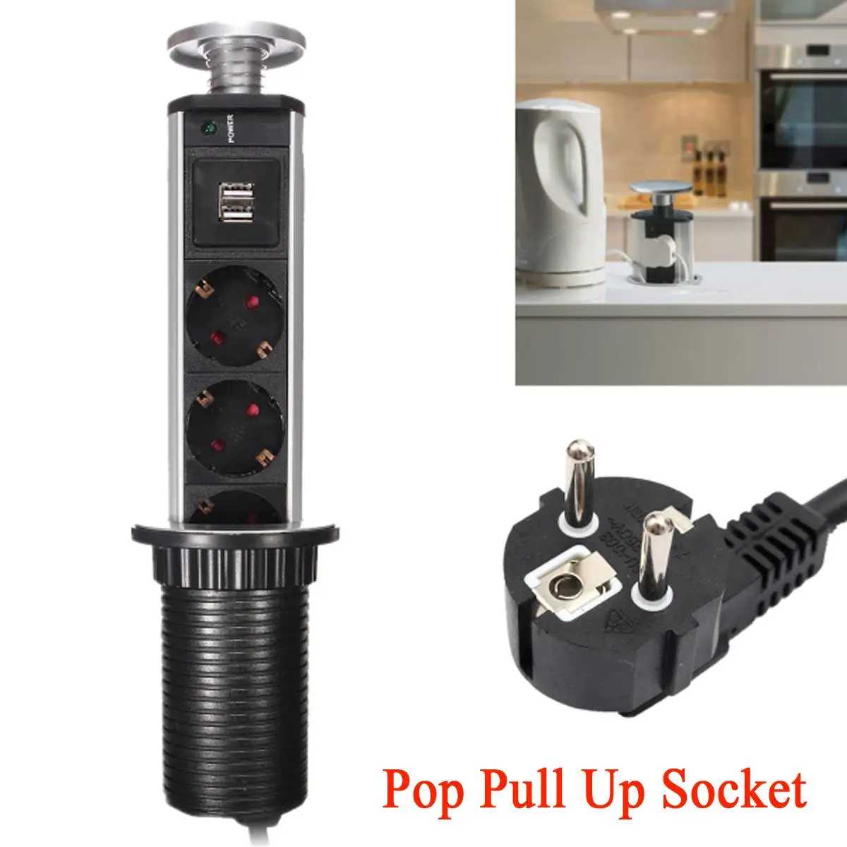 

Electrical Sockets Pull Up Electrical 3 EU Plug Socket 2 USB for Home Kitchen Desk Worktop Extension Lead