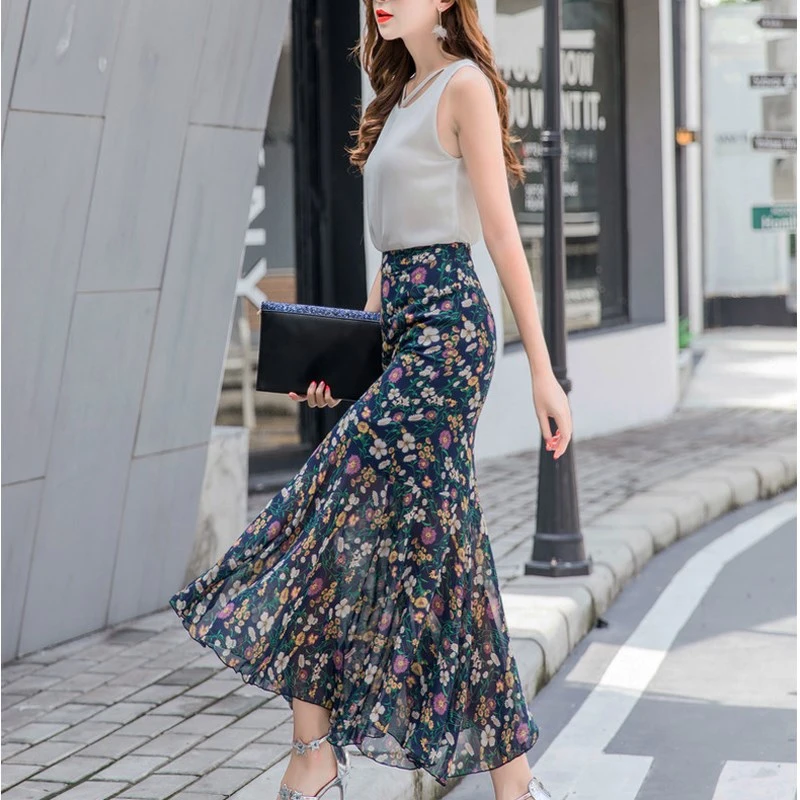 2019 Casual mujeres faldas largas florales de de alta cintura de longitud del tobillo faldas rectas volantes de talla faldas bohemias|Faldas| - AliExpress