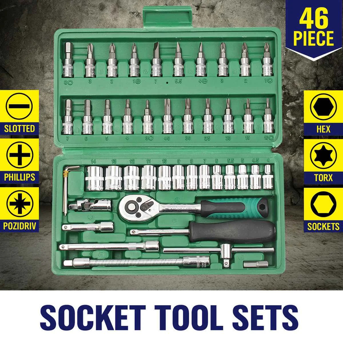 

46Pcs Spanner Socket Set 1/4" Screwdriver Ratchet Wrench Set Kit Mechanical Hand Combination Car Repair Tool Stainless Steel