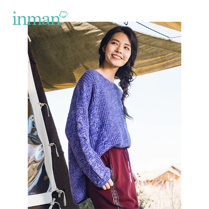 

INMAN Winter New Arrival Female Round Collar Retro Literary Loose Off The Shoulder Sleeve Woman Pullover Sweater