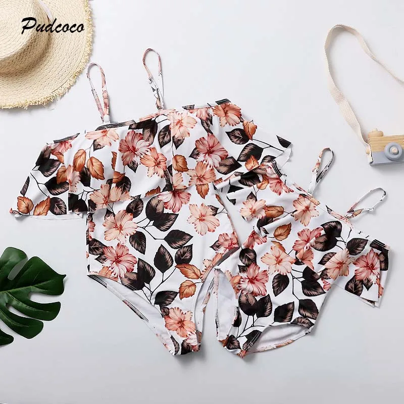 

2019 Brand Family Matching Swimwear Mother Daughter Women Kids Girl Floral Patchwork Ruffle One piece Bikini Tankini