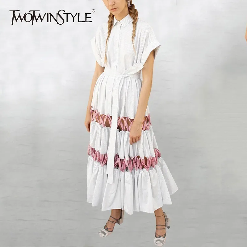 

TWOTWINSTYLE Casual Solid Women Dress Lapel Short Sleeve High Waist Bandage Patchwork Hollow Out Midi Dresses Female 2019 Spring