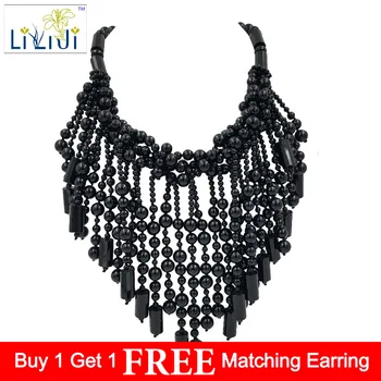

Lii Ji Natural Black Agate beads with Jade Toggle Clasp Big Necklace