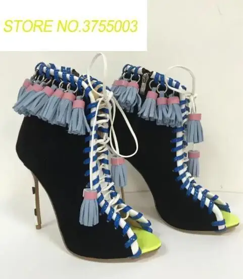 

Spring Hot Multi Color Women Lace Up Ankle Boots Sexy Open Toe Cute Fringe Ladies High Heel Boots Gladiator Style Party Shoes