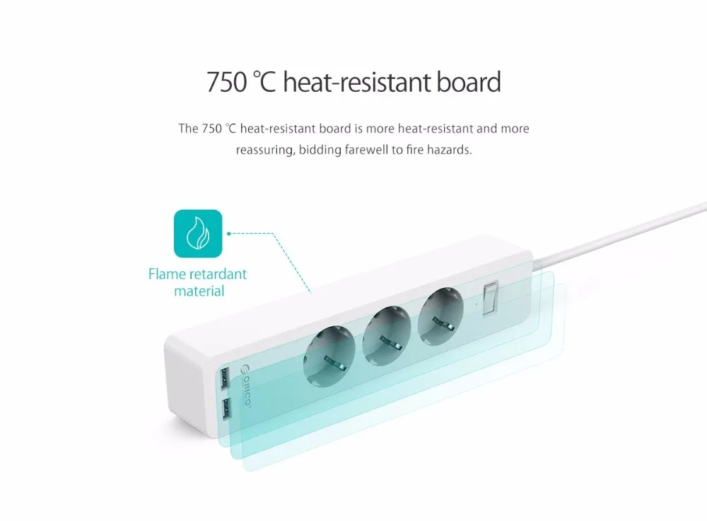 ORICO USB Power Strip Socket with 2 USB 2.4A Fast Charging Standard Extension Socket Plug Power Strip Home Electronics Adapter