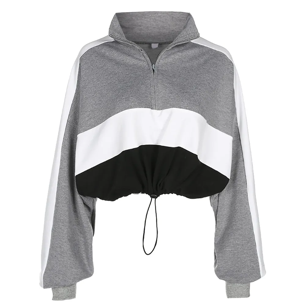 Fashion Women Long-Sleeve Autumn Bandage Pullover Sweatshirt Zipper Crop Tops Patchwork Loose Ladies Sweatshirts hoodies outwear Fashion Women Long-Sleeve Autumn Bandage Pullover Sweatshirt Zipper Crop Tops Patchwork Loose Ladies Sweatshirts hoodies outwear
