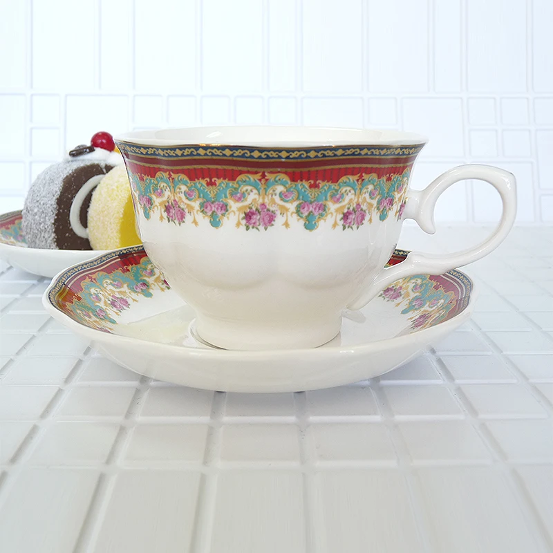 

High quality bone china handmade Tea set Pink flower red edge A set of 12 pieces 220ml Birthday Holiday Gift