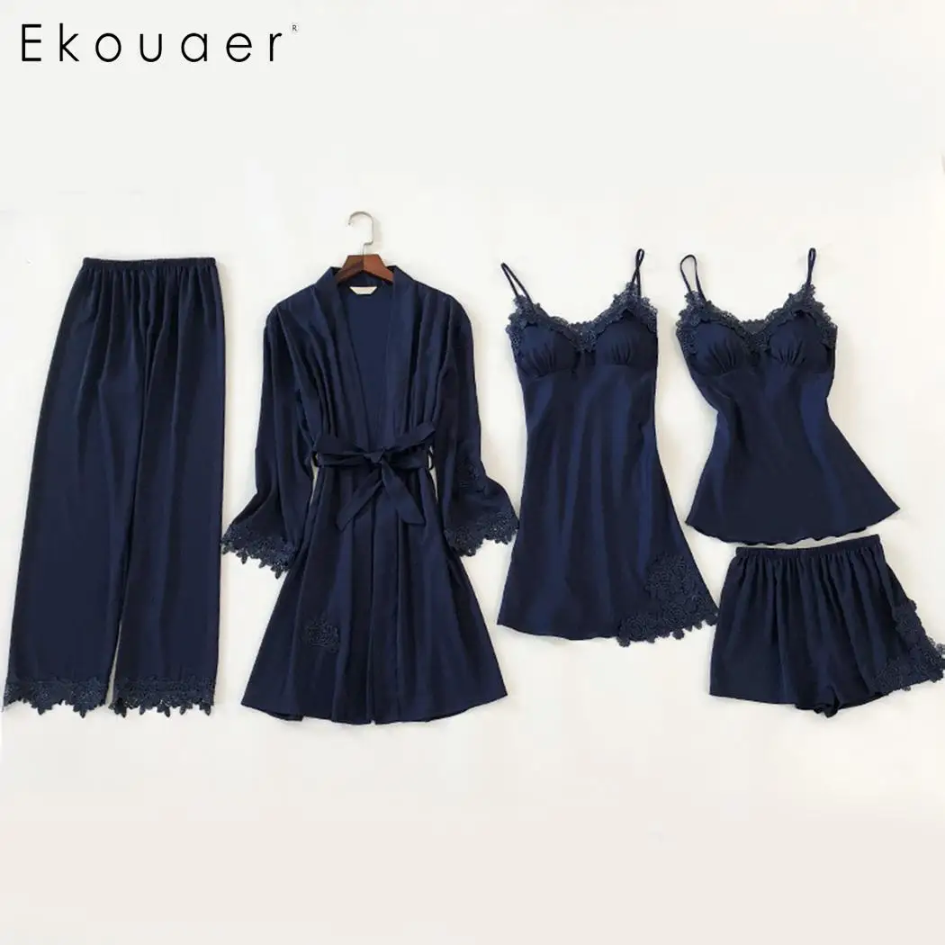 Ekouaer, 5 шт., Пижамный костюм для женщин, пикантный Шелковый Атласный пижамный комплект, женская пижама с кружевами, комплект на лето и весну, домашняя ночная рубашка, домашняя одежда