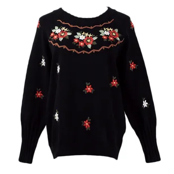 

2019 Spring Women Black Floral Embroidery Knitted Sweater Pullover Designer Runway Long Sleeve Female Streetwear Jumper Clothes