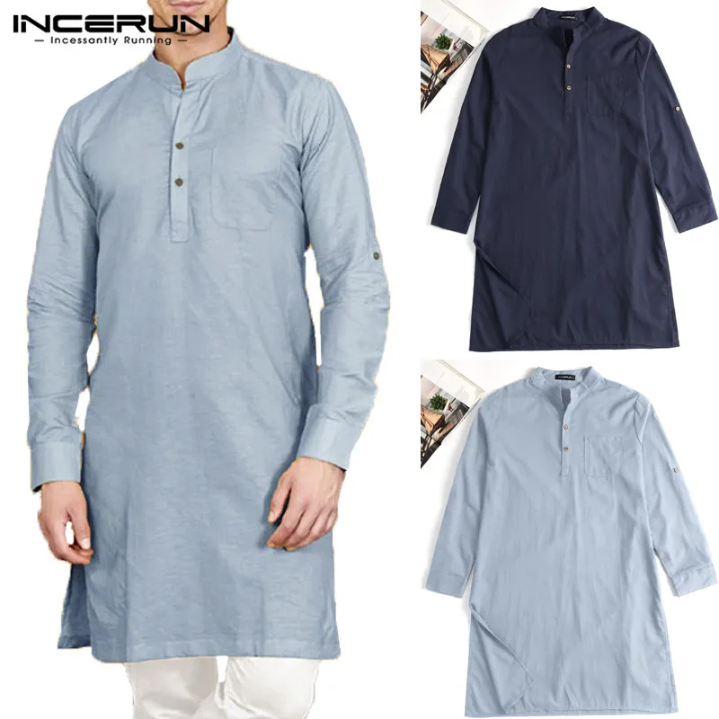 INCERUN Vintage Islamic Kurta Men Robe Dress Long Sleeve Tops Shirts