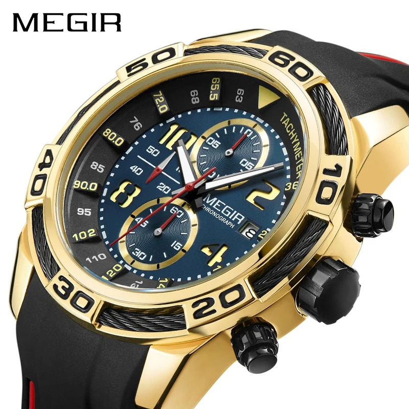 Günstig MEGIR Silikon Sport Uhr Männer Relogio Masculino Top Marke Luxus Chronograph Armee Militär Uhren Uhr Männer Quarz Armbanduhr