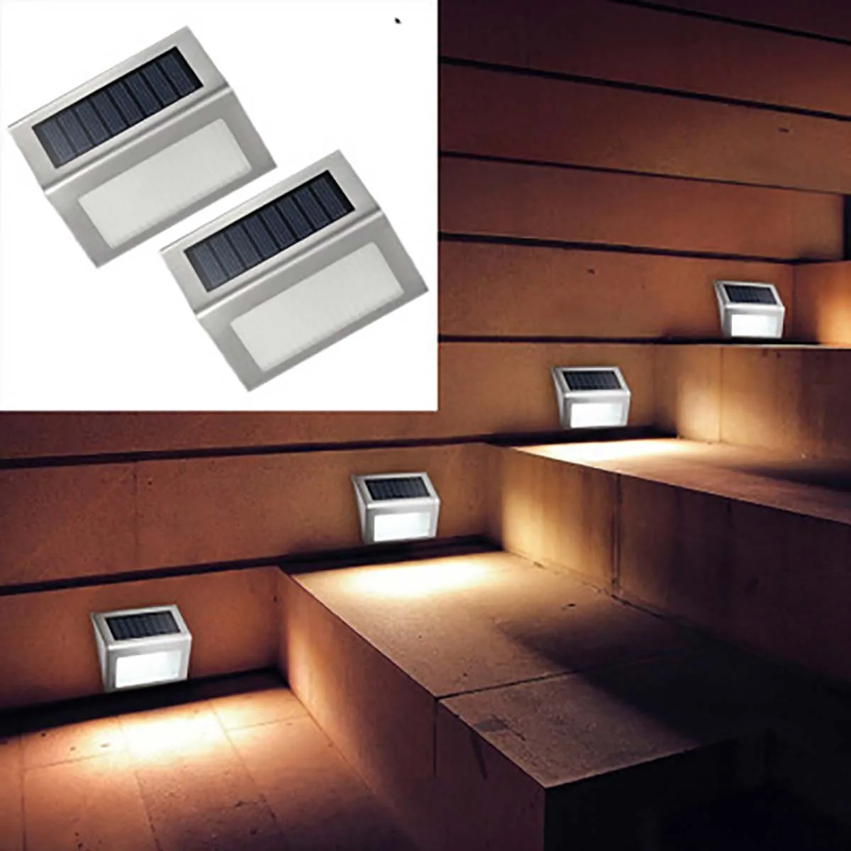 

2 LEDs Solar Stair Lamp Waterproof Outdoor Stainless Steel Solar Power Garden Light Energy Saving Courtyard Pathway Wall Lamp