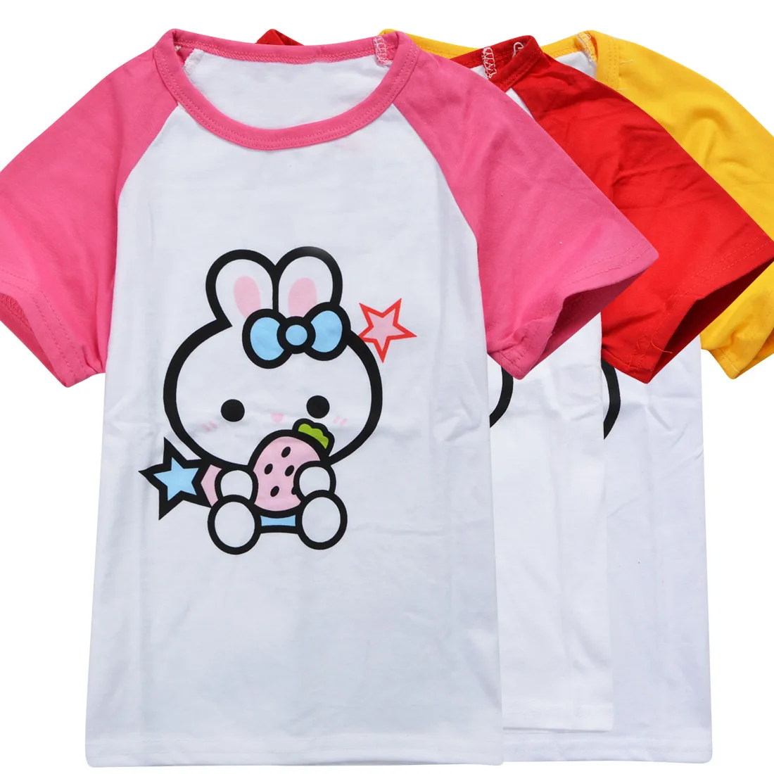 

2019 Summer Children Girl Clothes Cartoon Rabbit Printed Short Sleeve Summer T-Shirt Infantile Roupa Costume pink and red