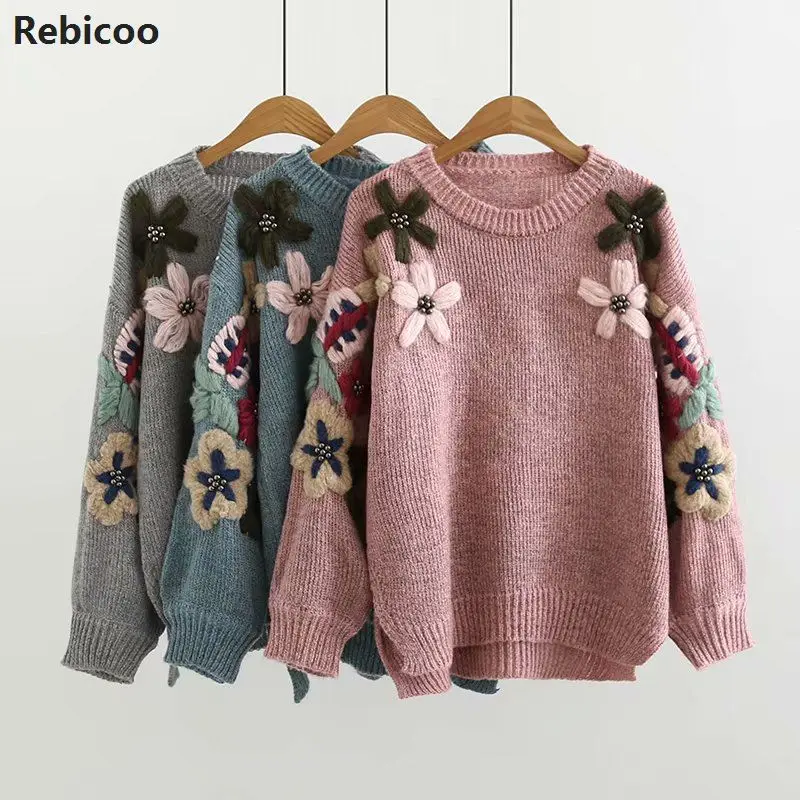 New Autumn and Winter Embroidery Sweaters Women Retro Flower Pullover Loose O-neck Sweater Female Jumpers | Женская одежда