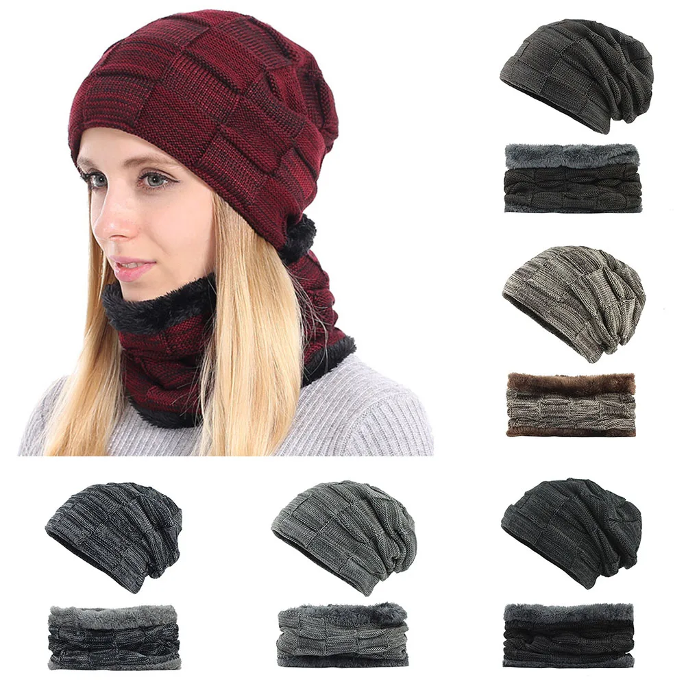 

Fashion 2Pcs Warm Winter Knitted Hat +scarf Set Mask beanie Cap Warm Velvet Neck Ring Scarves +Thicken Knitting Cap
