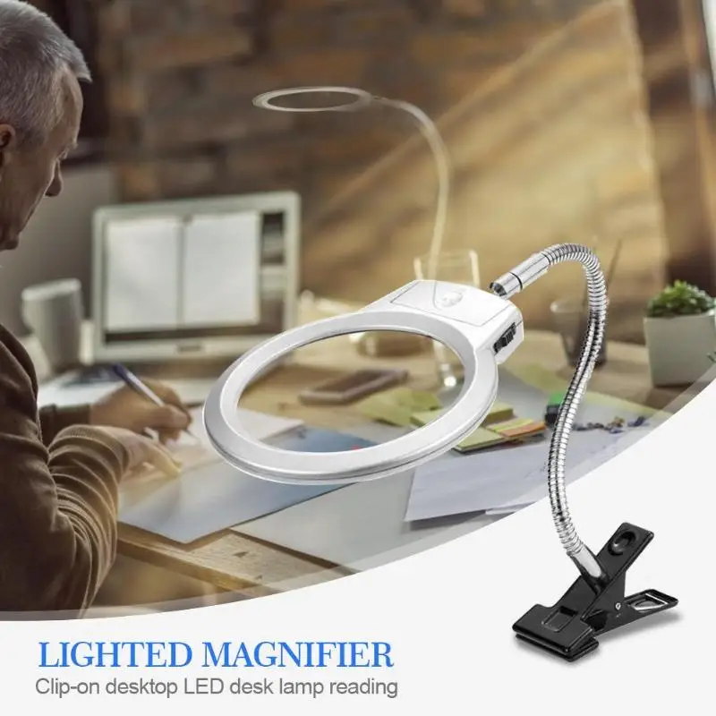 

Lighted Magnifier Clip-on Lighted Table Desk LED Lamp 2x 5x Large Lens Magnifying Glass Metal Hose with Clamp for Reading