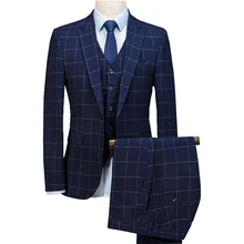 2019 Navy Blue 3 Pieces Mens Suits Plaid Slim Fit Wedding Suits Groom Tuxedos Custom Made Blazer (Jacket+Pants+Vest)