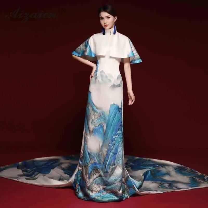 Новинка 2019 года этап шоу Длинные Cheongsam Современная нация ветер хост Qi ПАО для женщин Oriental вечернее китайское платье-Ципао Chinoise белый хвост