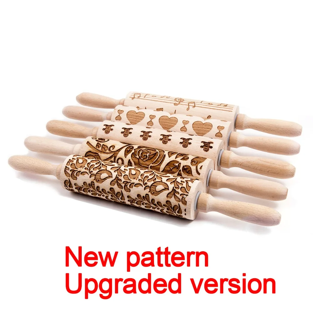 

New Style Embossing Rolling Pin Baking Cookies Noodle Biscuit Fondant Cake Dough Engraved Roller Wood Gifts 15 Colors