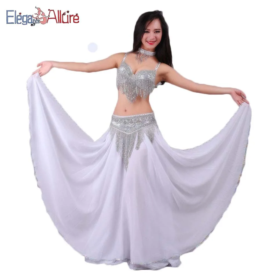 

E&A Hot Shining Belly Dance Costume 4pcs Necklace Bra Belt Skirt Set Bellydance Carnival Sets Performance Dress Wear Accessory