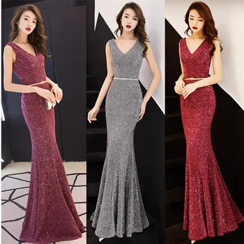 

Female Dress 2019 Party Noble Elegant Mermaid Bright Yarn Temperament Ladies Long Annual Meeting Host Package Hip Tight A045