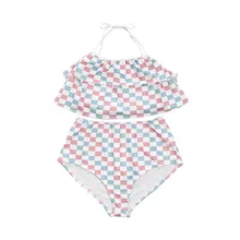 Семейные комплекты купальников для мамы и дочки, комплект бикини в клетку из двух предметов, купальный костюм, спортивная одежда