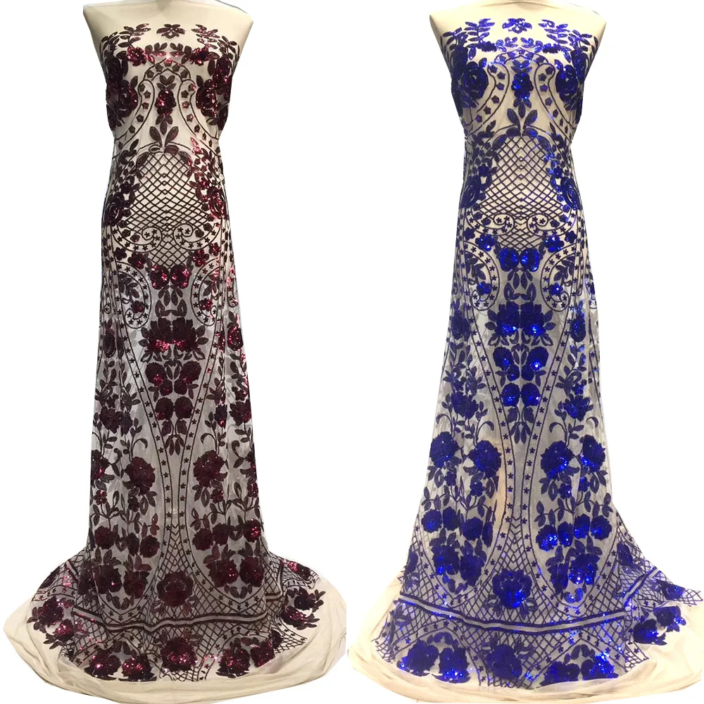 

African Tulle Lace Sequin Lace Fabric High Quality Royal blue Nigerian Wedding Lace Fabric Embroidered Mesh Fabric with Sequins