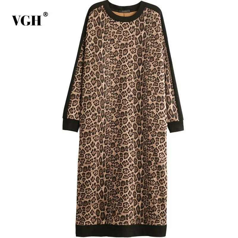 

VGH Spring Autumn Vintage Leopard Women Dress Long Sleeve O-neck Loose Oversize Female Dresses 2019 Fashion Clothes New