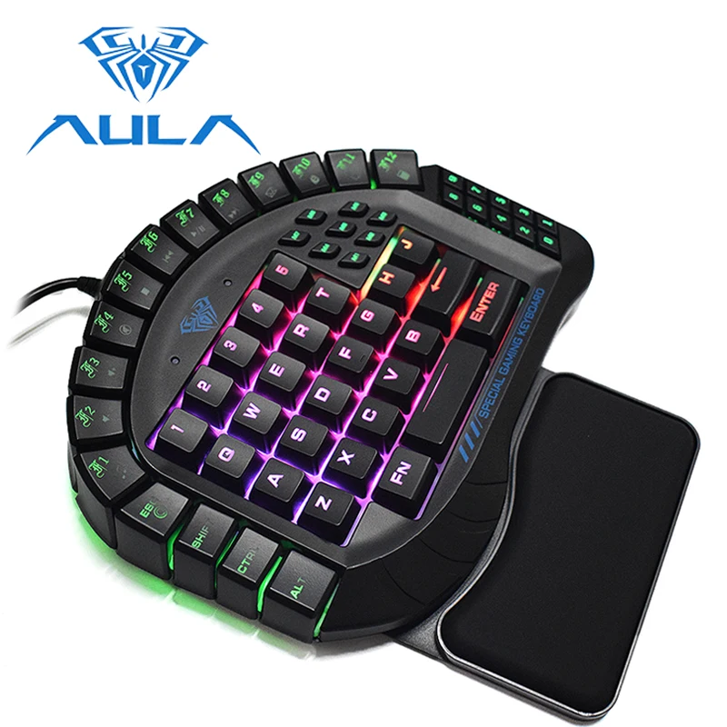 AULA USB Wired Single Hand Keyboard RGB LED Backlight 60 Keys Small Keyboard Wrist Rest