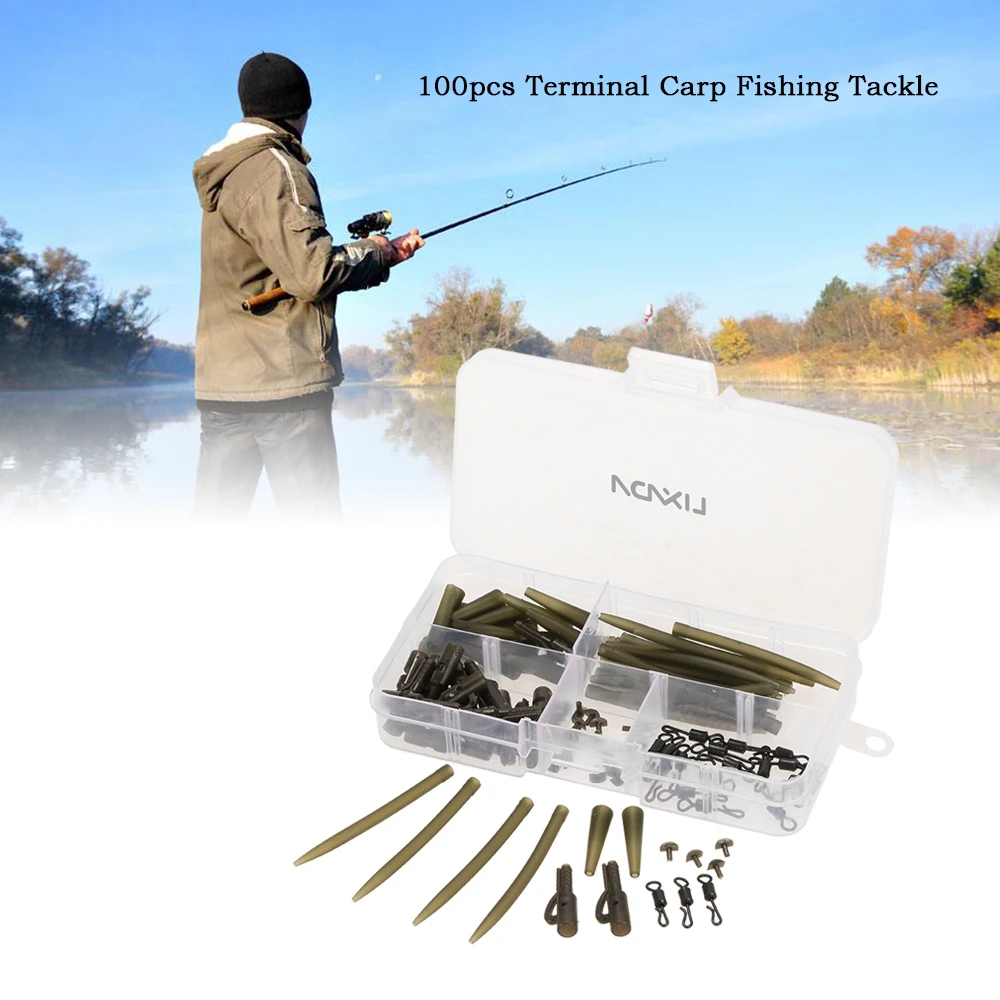 

100pcs Terminal Carp Fishing Tackle with Box Safety Lead Clips with Pins Tail Rubber Tubes Anti Tangle Sleeves Quick Change