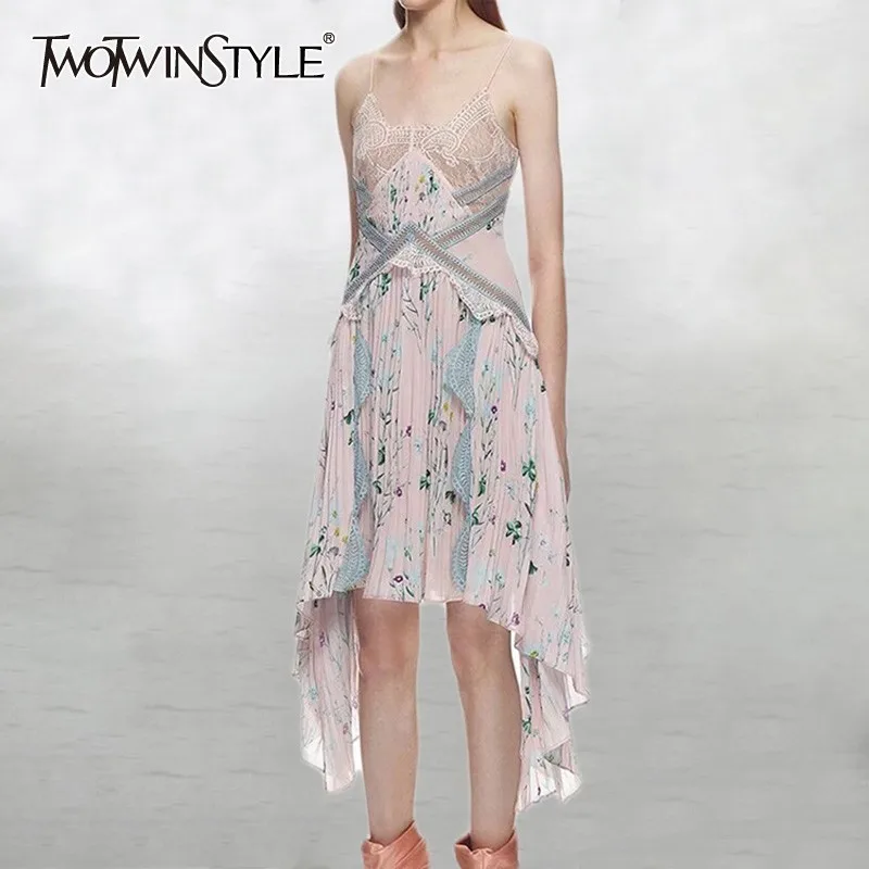 

TWOTWINSTYLE Print Lace Patchwork Strap Dress Women Sleeveless High Waist Hollow Out Asymmetrical Midi Dresses Female Spring New