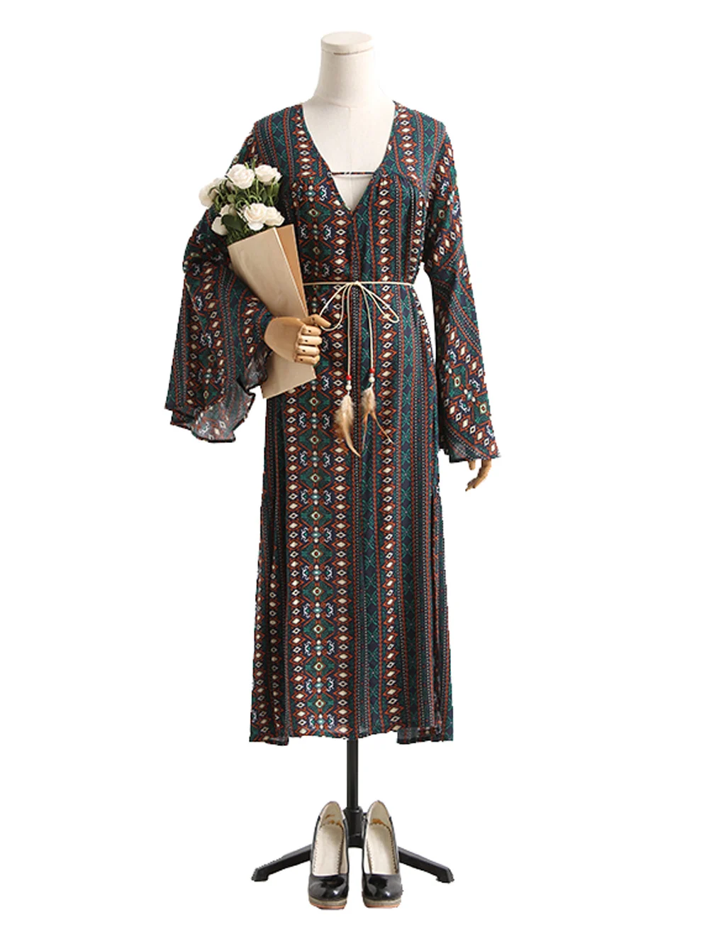 

Wipalo Women Bohemian Dress Ethnic Print V-Neck Retro Loose Horn Sleeve Beach Maxi Dress Ladies Casual Spring Summer Vestidos