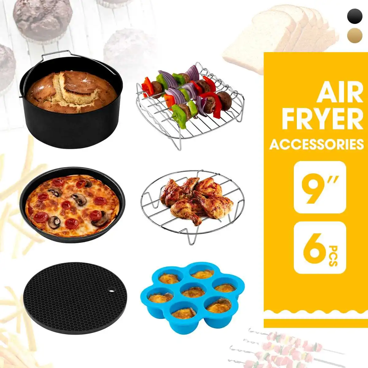 

6 Pcs 9inch Air Fryer Accessories Set Cake Barrel Pizza Pan Baking Accessories Fit For 5.3-6.8QT Air Fryer Kitchen Cooking Tools