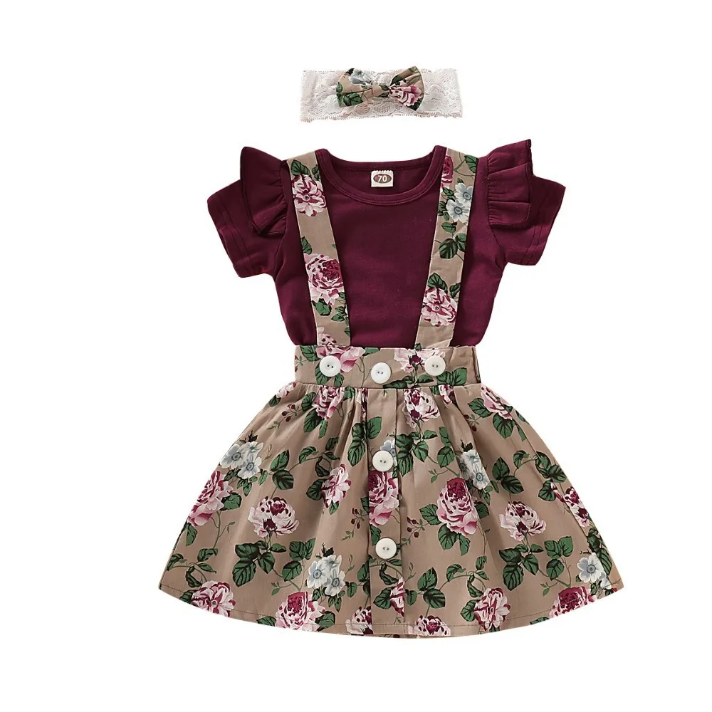 

Kid Casual Summer Clothing Set 100% Cotton 3pcs Baby Toddler Girls Kids Overalls Skirt +headband+romper Clothes Outfits