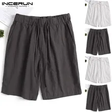 INCERUN Летние повседневные мужские шорты с завязками, хлопковые однотонные винтажные шорты до колен, свободные мужские пляжные шорты, одежда