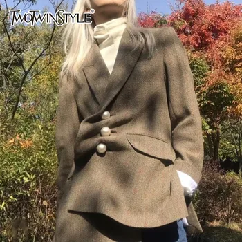 

TWOTWINSTYLE Pearls Plaid Blazer Coat Female Lapel Long Sleeve Women's Suits Outerwear Side Split 2020 Autumn Vintage Fashion