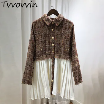 

New Fashion Autumn Turn Down Collar Tweed Patchwork Pleated White Hem Female's Long Sleeve Jacket Coat Tops Windbreaker E022