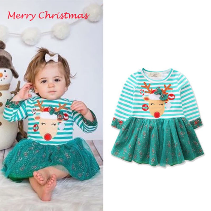 От 1 до 7 лет малыш девочки Рождество олень конфеты узор платье с длинным рукавом полосатый олень принт кружева лоскутное платье-пачка'