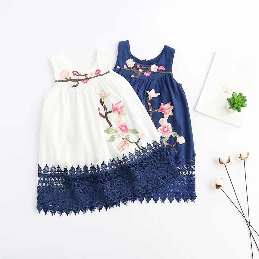 

sleeveless floral embroidery summer dress for kid girls clothes 2019 toddler girl lace dresses white blue 2 to 7 years