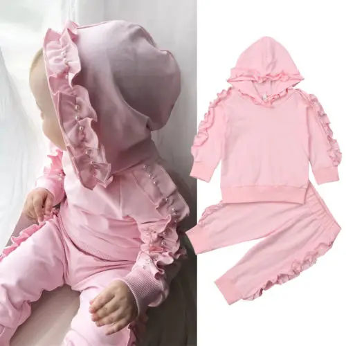  0-3T Toddler Kid Baby Girl Clothes Ruffle Hooded Top Sweatshirt Pants Outfit Set
