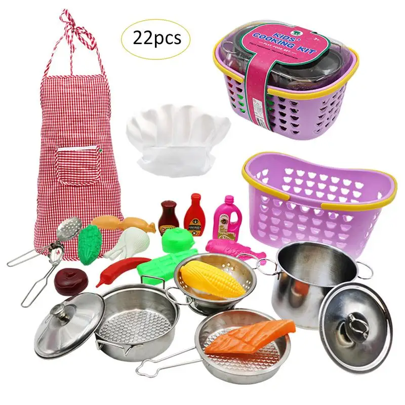 

22Pcs Children's Simulated Kitchen Cooking Toy Set Drop Resistant Stainless Steel Pans Pots Fruit Vegetable Model Tableware Toy