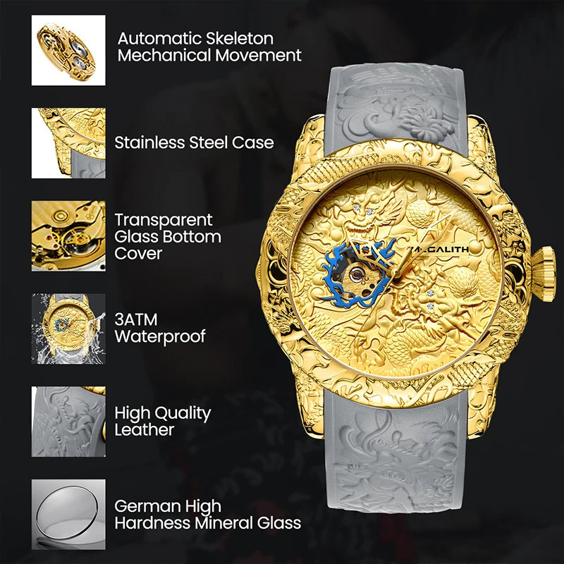MEGALITH автоматические механические часы Золотая скульптура дракона Мужские часы модные водонепроницаемые силиконовые ремешок часы Erkek Kol Saati