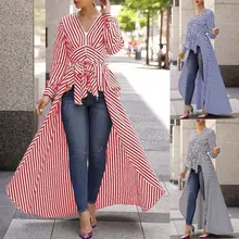 Fashion Womens Striped Long Sleeve Irregular Long V-Neck Casaul Blouse High Low Tunic Autumn Tops v neck slit sleeve high low blouse