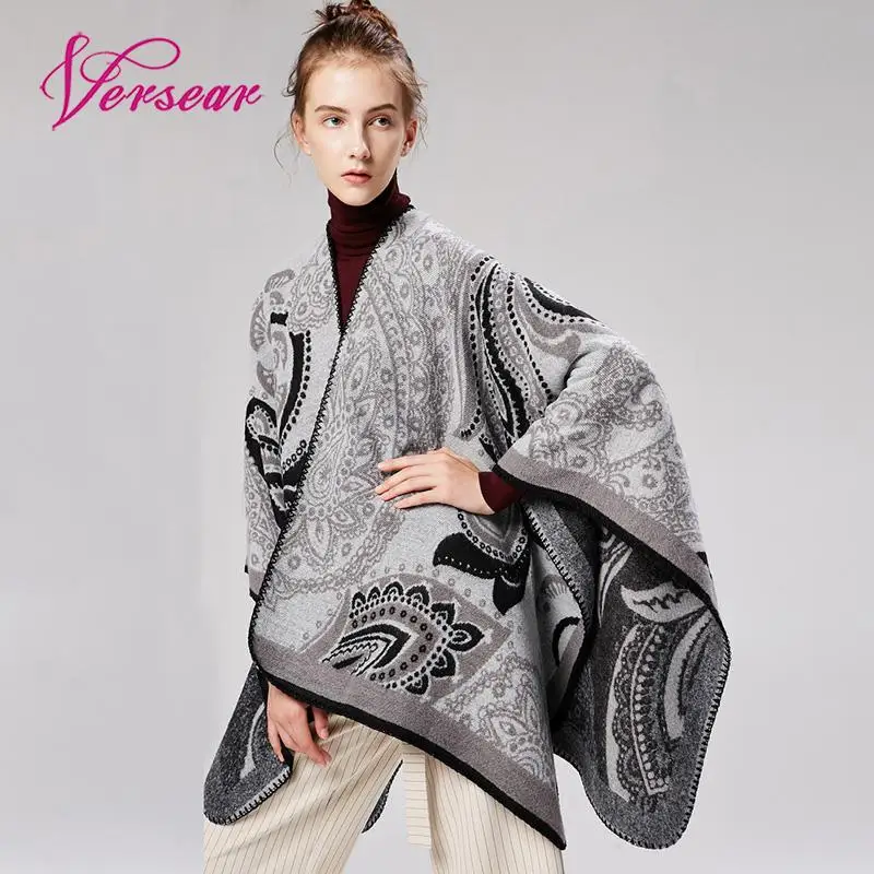 

Versear 2019 Women Autumn Winter Warm Knitted Shawl Poncho Faux Cashmere Retro Pattern Oversize Ethnic Long Cape Scarf cachecol