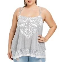 Plus Size Tribal Print Lace Trim Tank Top Sweet Camis Print Crop Top Women Summer 2019 frilled trim tribal print backless slit swimsuit